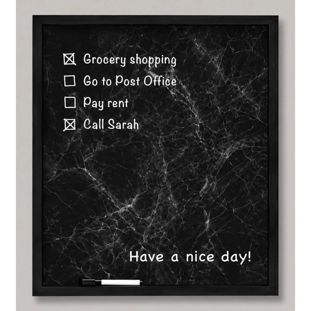 Black w/White Marble & White Marker Dry Erase Board Metal Wood Office Planner - Picture 2 of 7